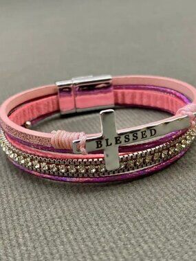 “Blessed” Multi-Layer Cross & Rhinestones Faux Leather Bracelet - Pink